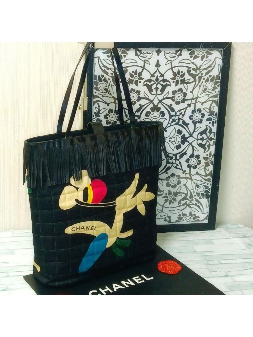 Chanel Choco Bar Handbag Enamel Canvas Fringe Black
